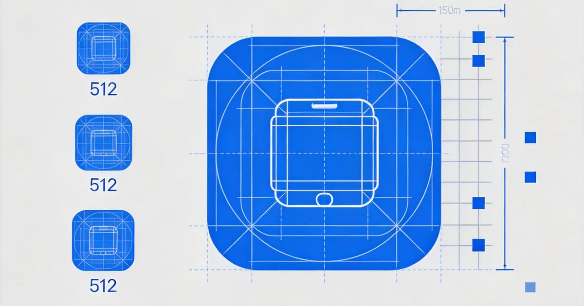 一个 iPhone 图标与按比例缩小的一排尺寸图标和像素标注线