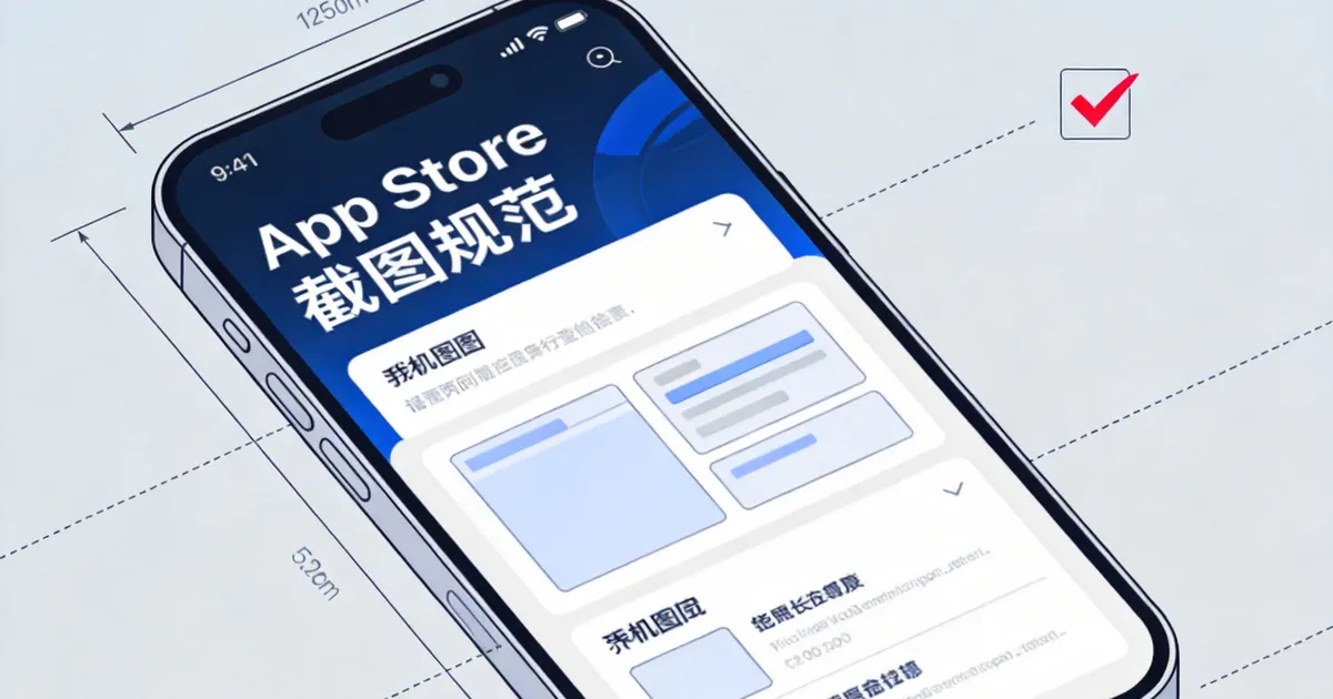 iPhone 样机显示商店截图排版与尺寸标注线的插画