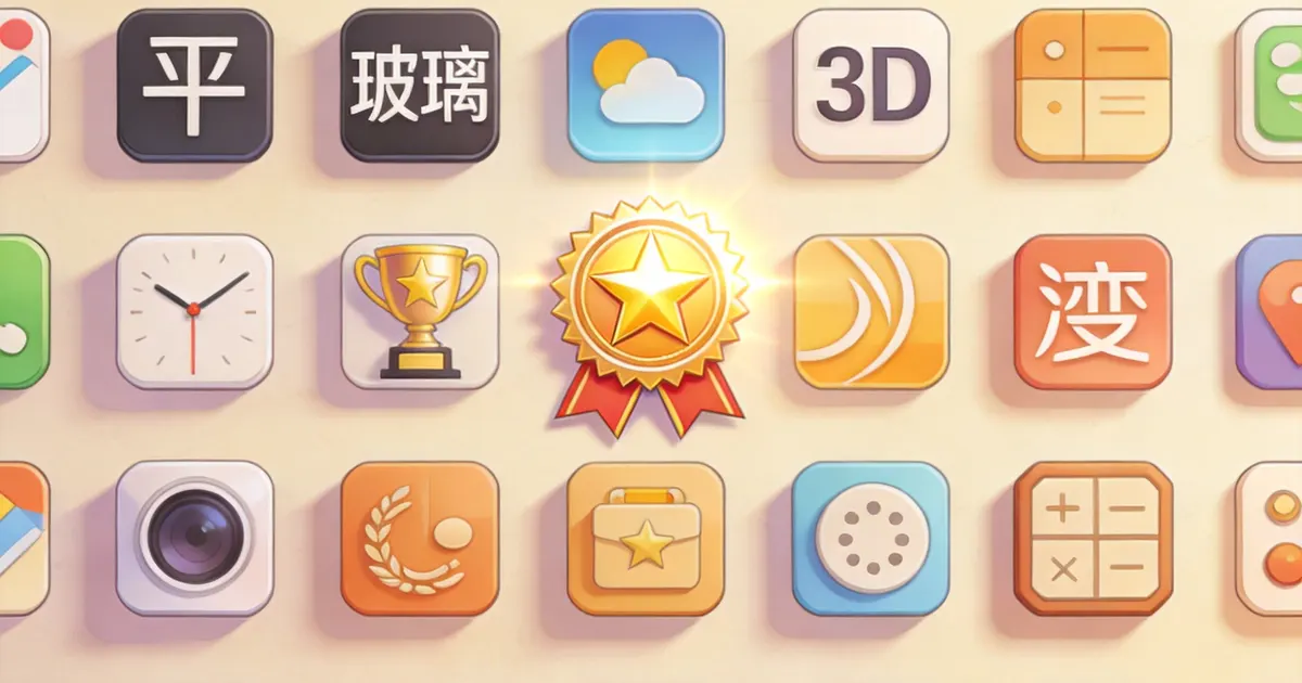 一面贴满多种风格精美 App 图标的展示墙与高亮徽章