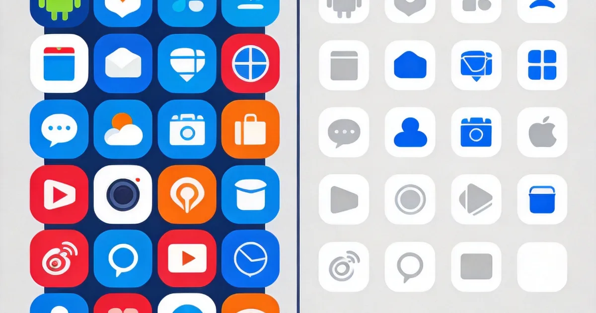 左侧色彩饱和的安卓图标群与右侧白底的 iOS 图标群分栏对比